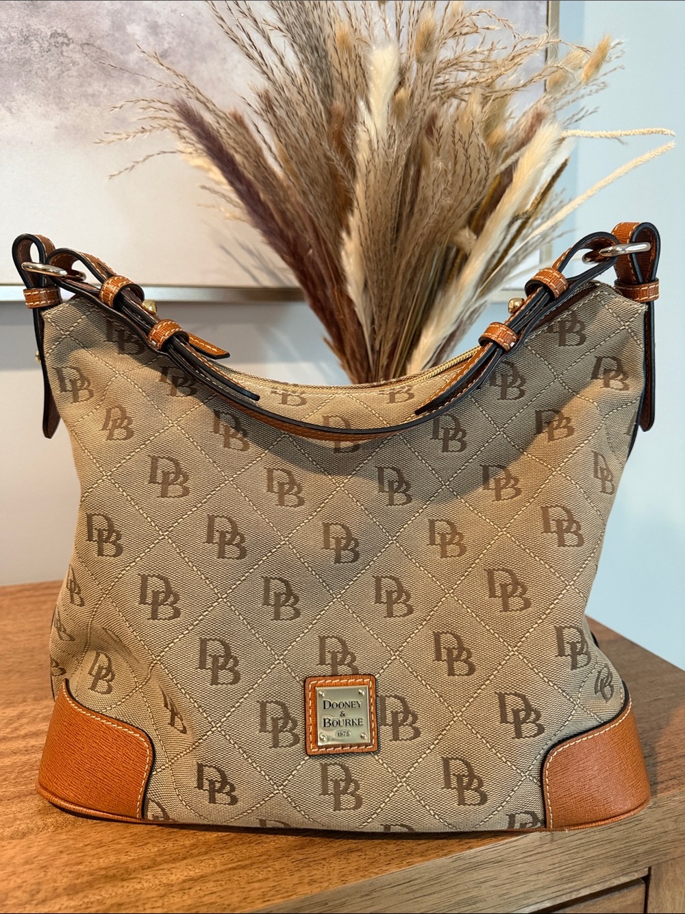 Dooney & Bourke Classic Logo Maxi Quilt Paige Hobo Bag- Tan Canvas, Red Interior